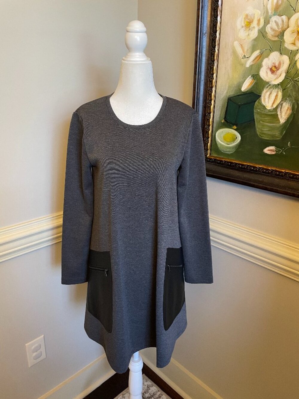 BCBGMaxAzria Dark Gray Long Sleeve Faux Leather Zippered Pockets Dress Size XS